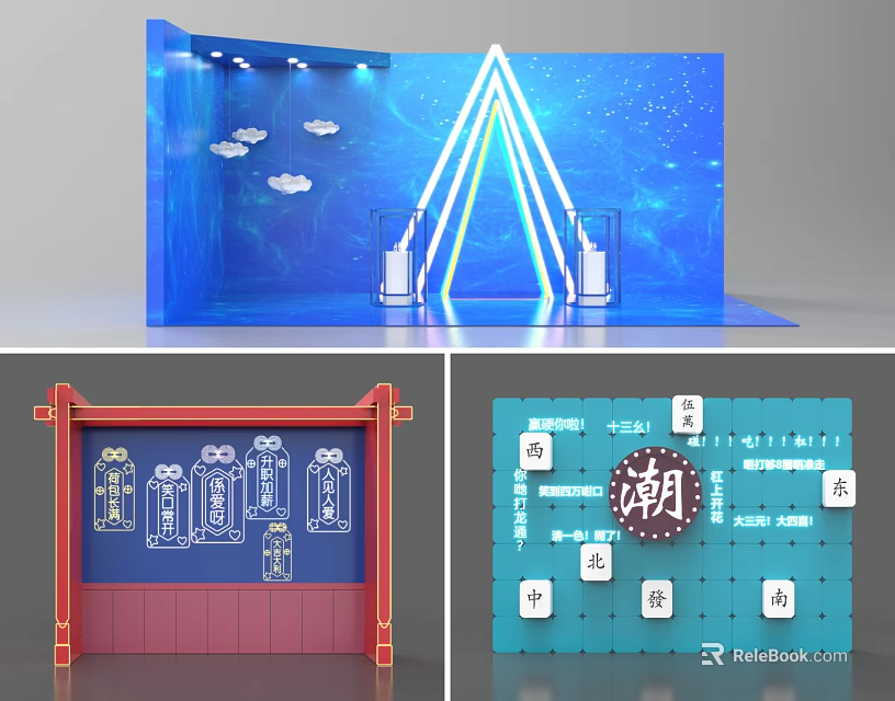Blue Themed Exhibition Display With Illuminated Triangle Cloud Decor Red Frame And Chao Character 3d model