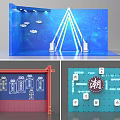 Blue Themed Exhibition Display With Illuminated Triangle Cloud Decor Red Frame And Chao Character 3d model