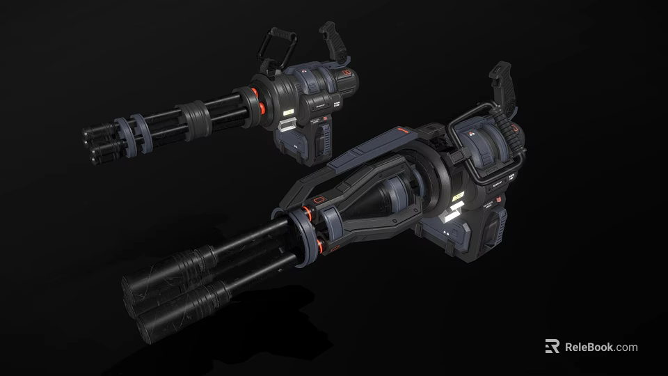 Futuristic Black Sci Fi Weapons with Double Barrels Grips Red Accents and Mechanical Details 3d model 