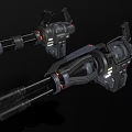 Futuristic Black Sci Fi Weapons with Double Barrels Grips Red Accents and Mechanical Details