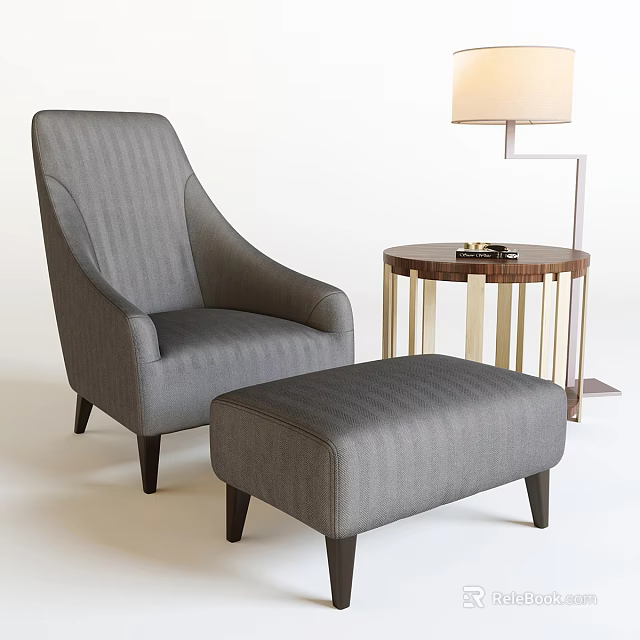 Gray Striped Armchair Ottoman And Round Coffee Table Set With Floor Lamp And Decorative Items 3d model 