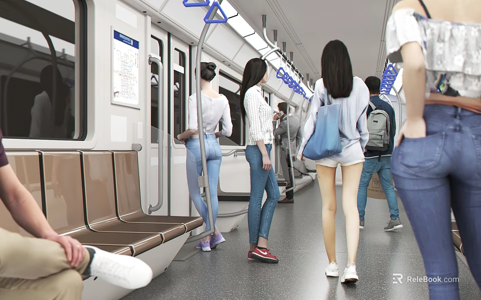 People Standing And Walking Inside A Modern Subway Train Carriage With Seats 3d model 