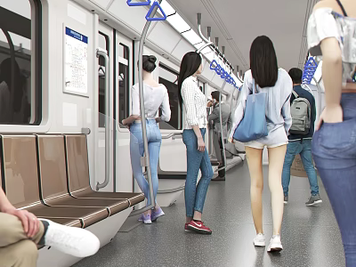 People Standing And Walking Inside A Modern Subway Train Carriage With Seats 3d model