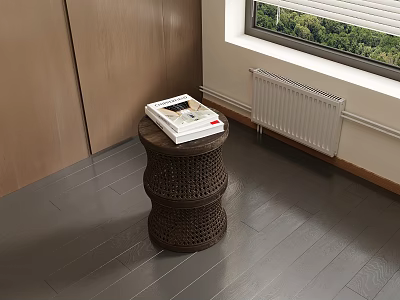 Woven Side Table With Magazine In Room Corner Near Wooden Cabinet And Window 3d model