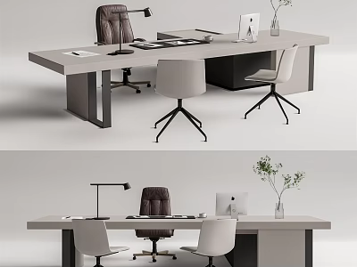 Modern Office Desk Setup With Desk Lamp Laptop Potted Plant And Ergonomic Chairs 3d model