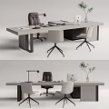 Modern Office Desk Setup With Desk Lamp Laptop Potted Plant And Ergonomic Chairs