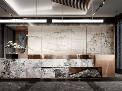 Modern Front Desk Reception With Marble Countertop Copper Accents And Landscape Painting Wall 3d model