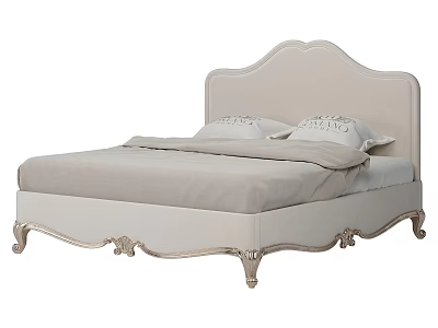 Elegant Double Bed With Upholstered Headboard Carved White Frame And Gray Bedding 3d model