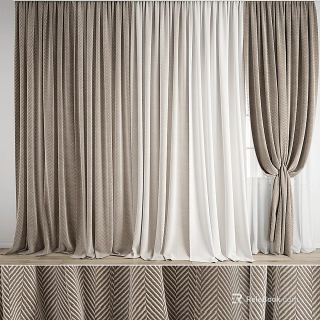 Brown And White Textured Fabric Curtains With Elegant Drapes And Soft Folds 3d model 