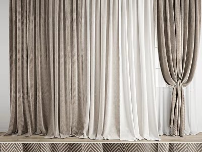 Brown And White Textured Fabric Curtains With Elegant Drapes And Soft Folds 3d model