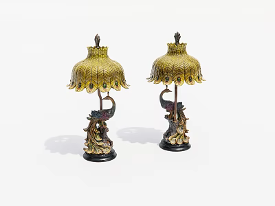 Traditional Style Table Lamps With Peacock Base And Yellow Decorative Shades 3d model