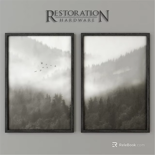 Double Black Picture Frames With Misty Mountain Forest And Flying Birds 3d model 
