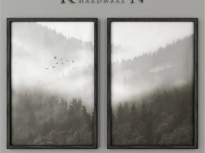 Double Black Picture Frames With Misty Mountain Forest And Flying Birds 3d model