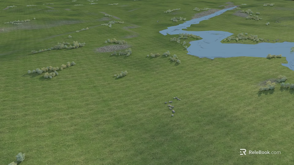 Beautiful Serene Natural Landscape With Vast Lush Green Grassland Winding Clear River And Scattered Trees 3d model 