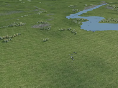 Beautiful Serene Natural Landscape With Vast Lush Green Grassland Winding Clear River And Scattered Trees 3d model