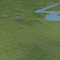 Beautiful Serene Natural Landscape With Vast Lush Green Grassland Winding Clear River And Scattered Trees