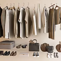 Stylish Neutral Tones Clothes Hanging on Racks with Accessories like Bags Shoes and Hats