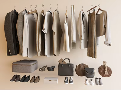 Stylish Neutral Tones Clothes Hanging on Racks with Accessories like Bags Shoes and Hats 3d model