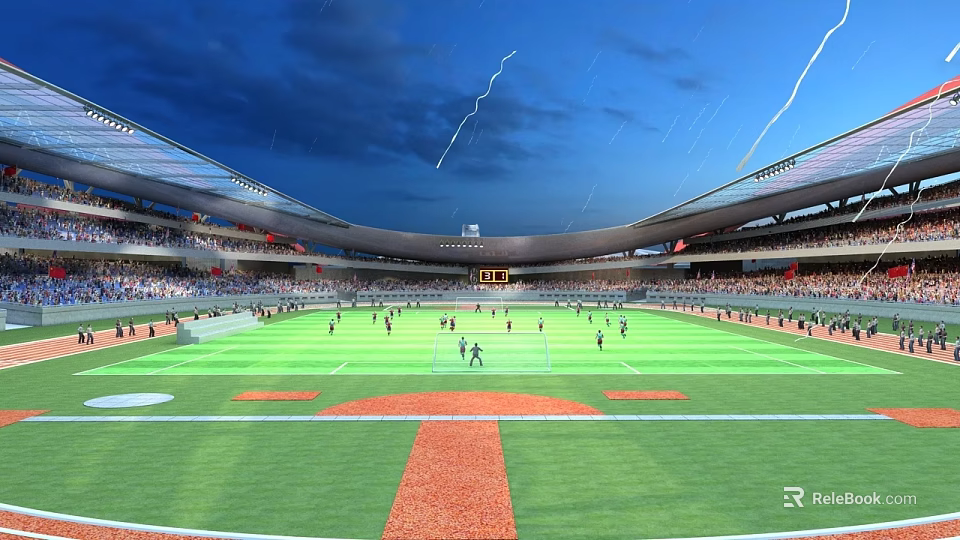 Large Football Stadium With Green Turf Field Spectators Seating Evening Sky And Bright Roof Lights 3d model 