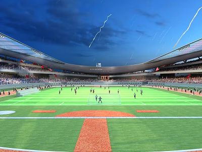 Large Football Stadium With Green Turf Field Spectators Seating Evening Sky And Bright Roof Lights 3d model