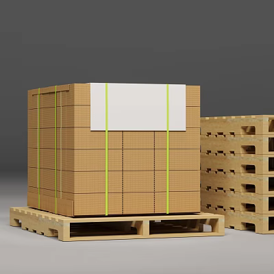 Large Cardboard Box with Yellow Strapping White Label on Wooden Pallet and Stacked Pallets Nearby 3d model
