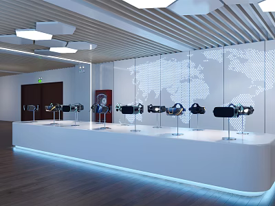 Modern Exhibition Hall With White Display Counter And Black Devices On World Map Wall 3d model