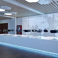 Modern Exhibition Hall With White Display Counter And Black Devices On World Map Wall