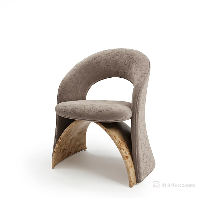 Elegant Taupe Upholstered Single Chair With Natural Burl Wood Arched Base For Modern Living Space 3d model 