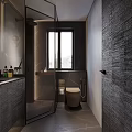 Modern Bedroom Interior With Dark Headboard Bed Built in Wardrobe And Accent Chair