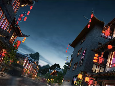 Traditional Chinese Ancient Architecture Night Scene With Red Lanterns And Lit Up Roofs 3d model