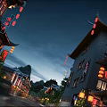 Traditional Chinese Ancient Architecture Night Scene With Red Lanterns And Lit Up Roofs