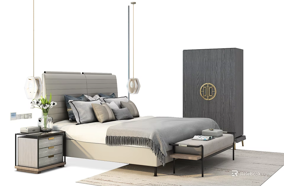 Modern Double Bed with Gray Headboard Pillows Throw Blanket Nightstand Vase and Wardrobe 3d model