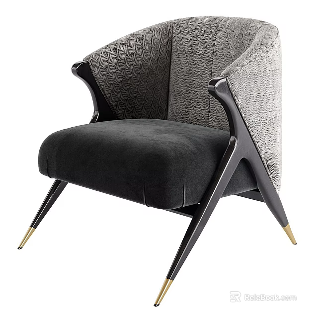 Modern Leisure Chair With Textured Gray Backrest Black Velvet Seat And Golden Metal Legs 3d model 