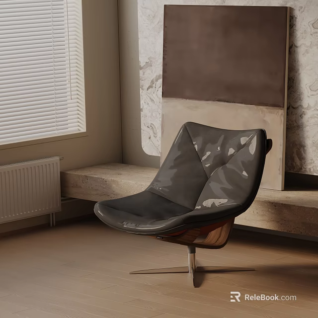 Black Leather Accent Chair with Geometric Patterns Metal Base in Room with Window Blinds Stone Bench 3d model 
