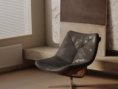 Black Leather Accent Chair with Geometric Patterns Metal Base in Room with Window Blinds Stone Bench 3d model