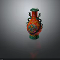 Traditional Chinese Red Vase With Intricate Dragon Patterns And Green Accents