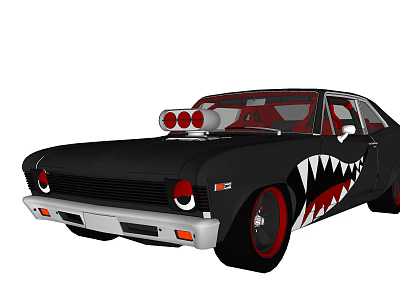 Classic Black Modified Car with Shark Mouth Design Red Headlights and Triple Red Hood Lights 3d model
