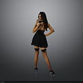 Woman in Black Dress with Black Stockings and High Heels Posing Against Gray Background