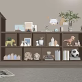 Minimalist Wooden Bookcase Adorned With Toys Books Photo Frames Football And Small Plants