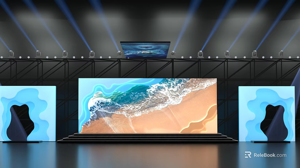 Modern Stage Design With Large Screen Showing Ocean Waves Sand Beach And Lighting Equipment 3d model 