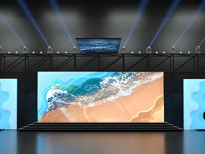 Modern Stage Design With Large Screen Showing Ocean Waves Sand Beach And Lighting Equipment 3d model