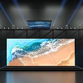 Modern Stage Design With Large Screen Showing Ocean Waves Sand Beach And Lighting Equipment