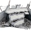 Collapsed Urban Building With Blue Roller Shutter Rubble Debris And Scaffolding