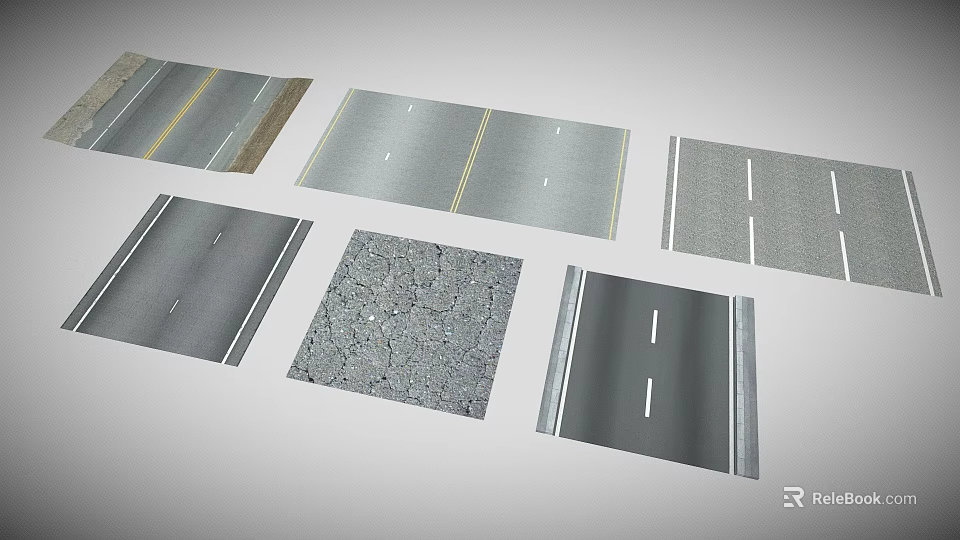 Various Road Pavement Textures With Lane Markings And Gravel Surfaces 3d model 