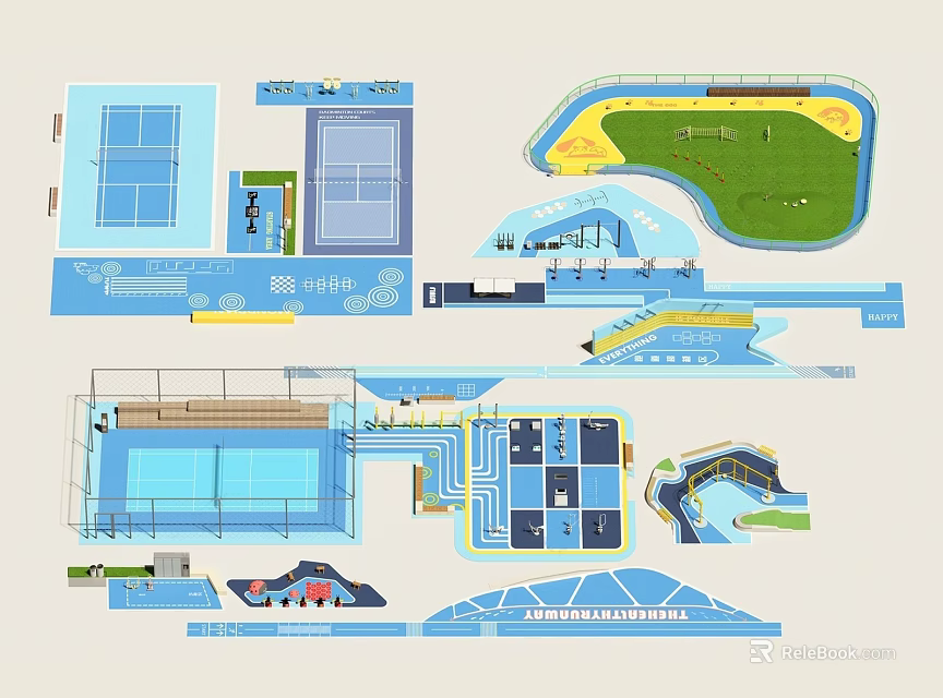 Sports Facility Layout Featuring Tennis Courts Swimming Pool Running Track And Basketball Court 3d model 
