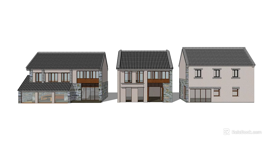 Three Homestay Buildings Featuring Traditional Modern Styles Tile Roofs Stone Wood Exteriors 3d model 