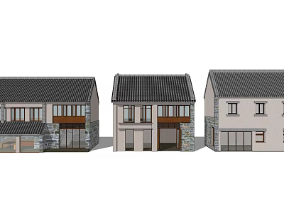 Three Homestay Buildings Featuring Traditional Modern Styles Tile Roofs Stone Wood Exteriors 3d model