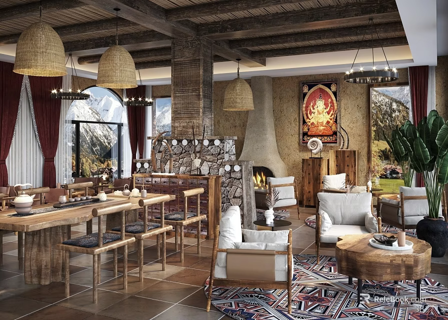 Rustic Mountain View Restaurant Interior With Wooden Tables Fireplace And Buddha Decor 3d model 