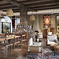 Rustic Mountain View Restaurant Interior With Wooden Tables Fireplace And Buddha Decor
