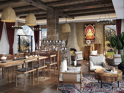 Rustic Mountain View Restaurant Interior With Wooden Tables Fireplace And Buddha Decor 3d model